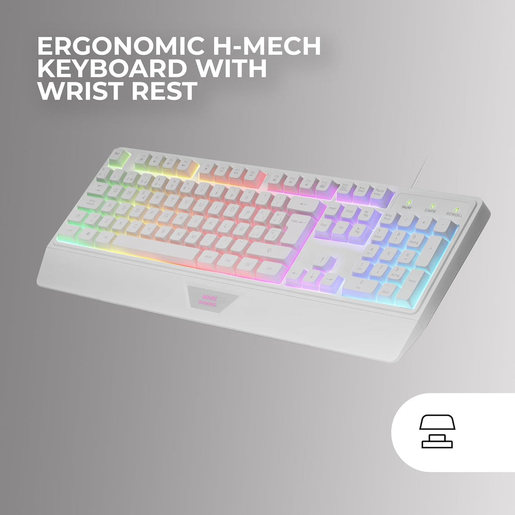 Mars Gaming MARSGAMING MCP124, 3-in-1 Gaming Combo, Ergonomic H-Mech LED RGB Keyboard, Mouse 3200DPI HUANO Switches, Nanotextile Pad 360 x 260 mm, Multiplatform Compatibility, Spanish Layout, White