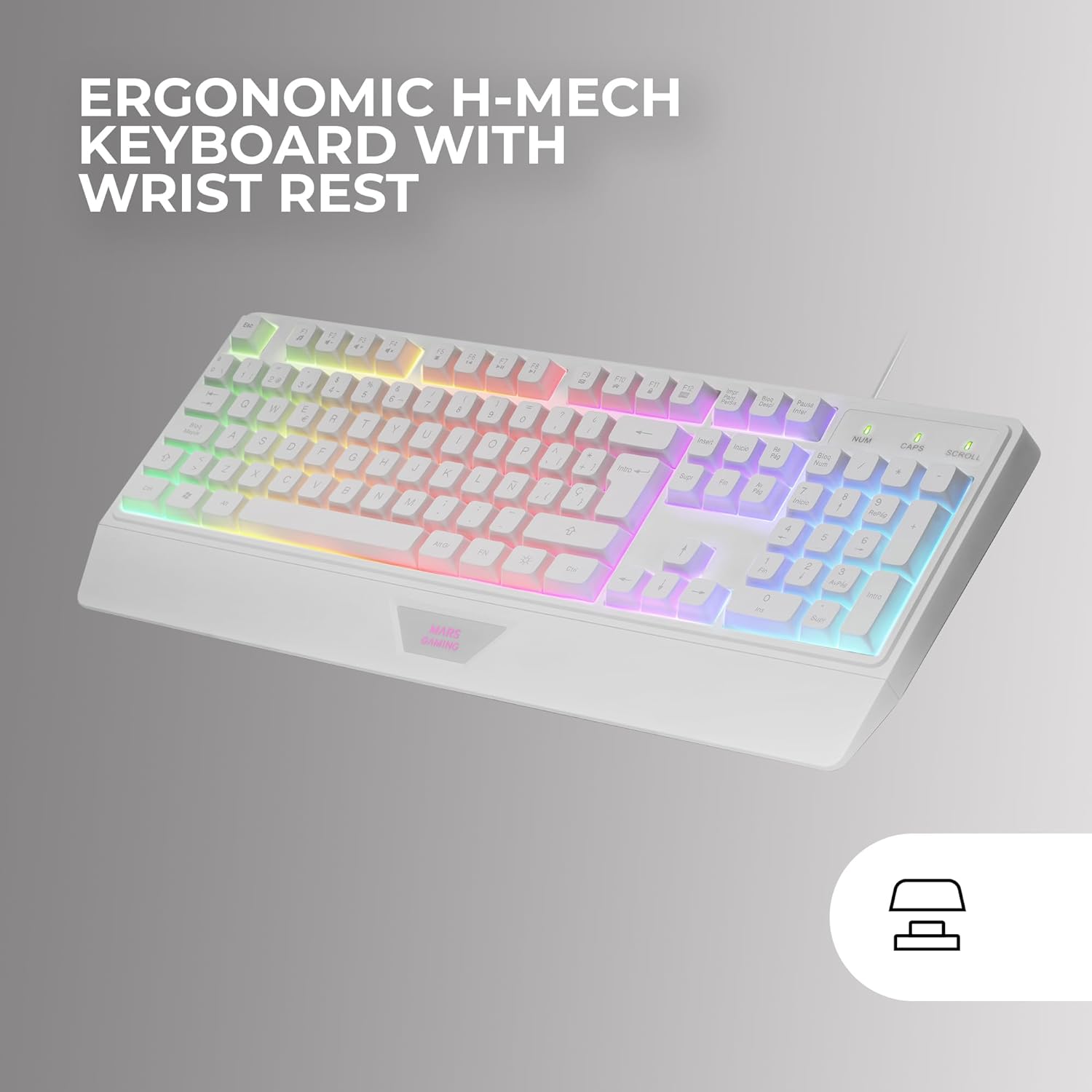 Mars Gaming MARSGAMING MCP124, 3-in-1 Gaming Combo, Ergonomic H-Mech LED RGB Keyboard, Mouse 3200DPI HUANO Switches, Nanotextile Pad 360 x 260 mm, Multiplatform Compatibility, Spanish Layout, White