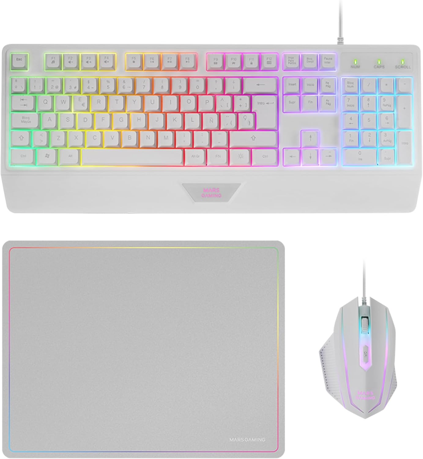 Mars Gaming MARSGAMING MCP124, 3-in-1 Gaming Combo, Ergonomic H-Mech LED RGB Keyboard, Mouse 3200DPI HUANO Switches, Nanotextile Pad 360 x 260 mm, Multiplatform Compatibility, Spanish Layout, White