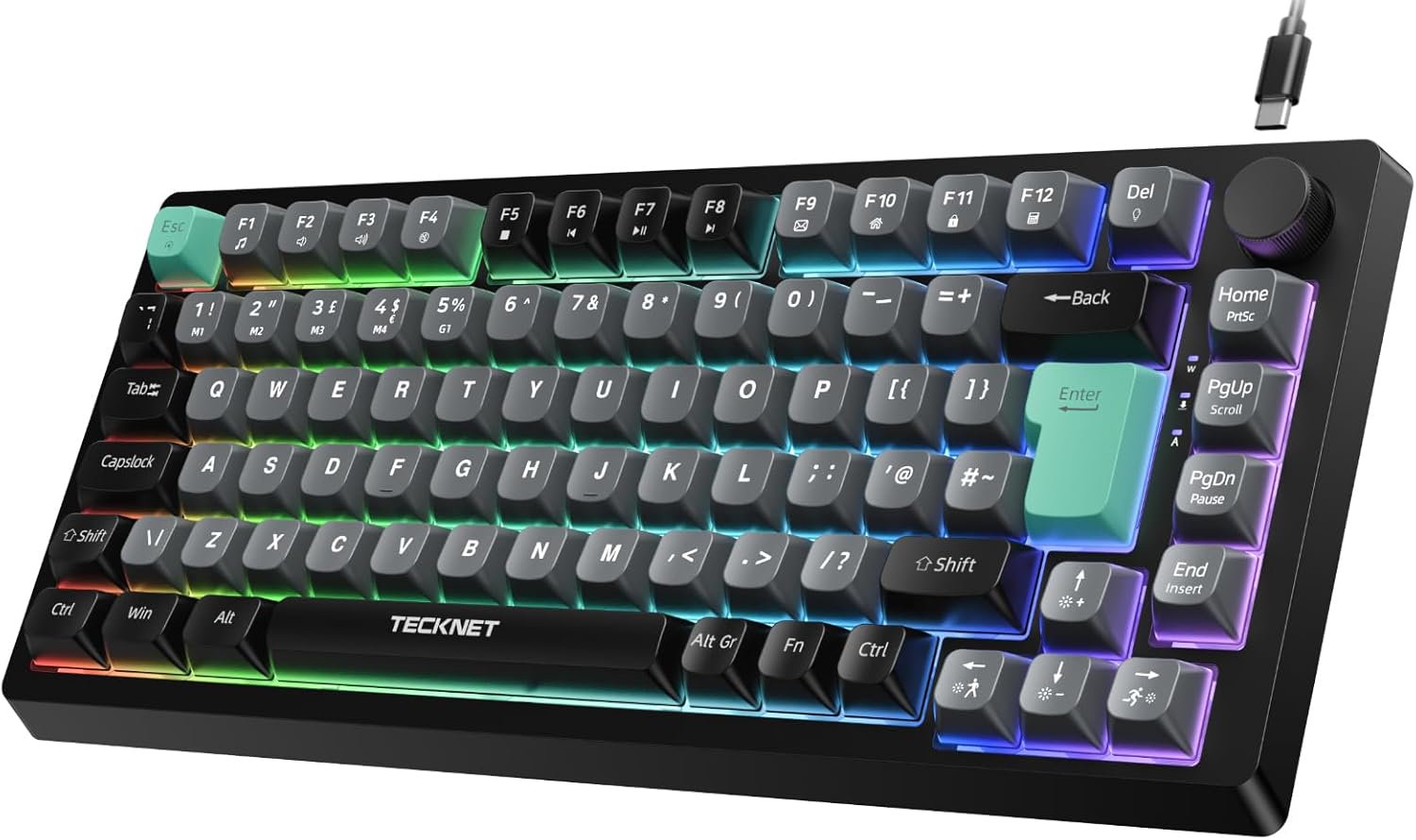 TECKNET RGB Gaming Keyboard,Compact 83 Keys Wired Keyboard with Volumn Knob,75% Pecent Silent Keyboards with 26 Keys Anti-Ghosting,IP32 Water & Dust Resistant,RGB Backlit Coumputer Keyboards for Gamer