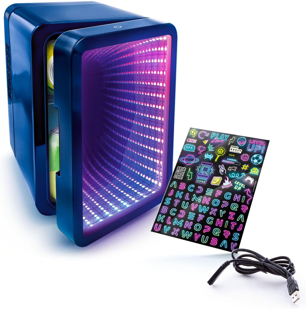 Chill Infinity LED Effect Mini Fridge USB Powered Portable Cooler with Lights, Gamers, Students, Home/Car Trips, Stickers.