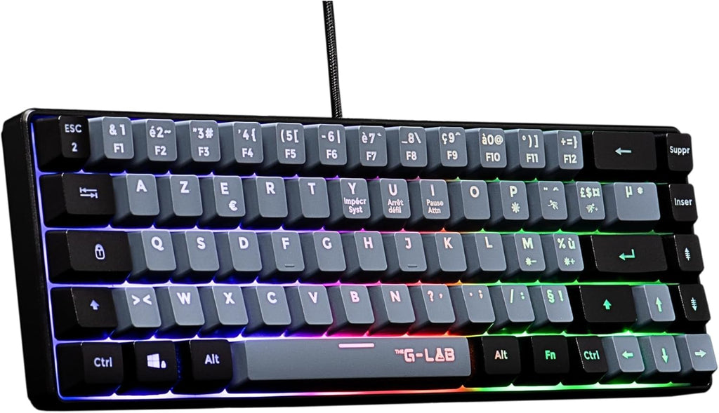The G-Lab Keyz Hydrogen, 60%, Semi-Mechanical USB AZERTY FR, RGB Multicolour, Silent Gamer Keyboard, Compact Format TKL-Pc/PS4/PS5-Grey and Black