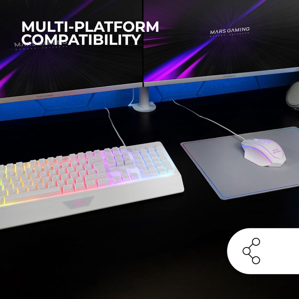 Mars Gaming MARSGAMING MCP124, 3-in-1 Gaming Combo, Ergonomic H-Mech LED RGB Keyboard, Mouse 3200DPI HUANO Switches, Nanotextile Pad 360 x 260 mm, Multiplatform Compatibility, Spanish Layout, White