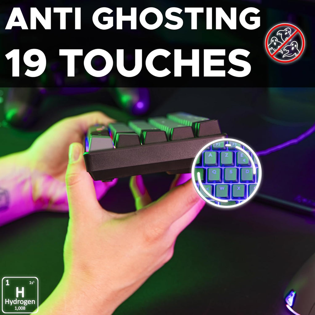 The G-Lab Keyz Hydrogen, 60%, Semi-Mechanical USB AZERTY FR, RGB Multicolour, Silent Gamer Keyboard, Compact Format TKL-Pc/PS4/PS5-Grey and Black