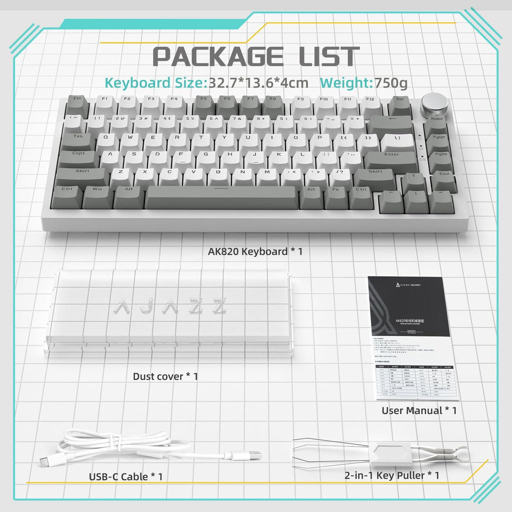 YINDIAO Ajazz AK820 Mechanical Keyboard with CNC Knob Control,75% ANSI Layout,81Keys Gasket Mount Wired Gaming Keyboard,5 Sound Absorbing Foam,Hot-swappable,White Backlit,for PC,MAC (Grey&White)