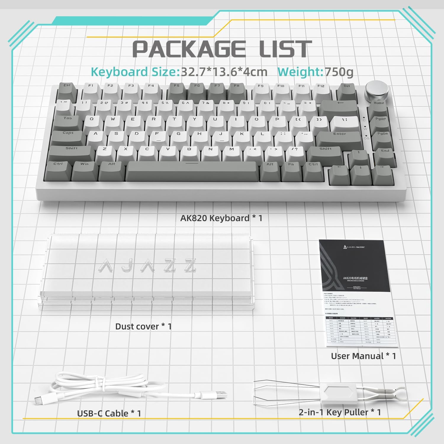 YINDIAO Ajazz AK820 Mechanical Keyboard with CNC Knob Control,75% ANSI Layout,81Keys Gasket Mount Wired Gaming Keyboard,5 Sound Absorbing Foam,Hot-swappable,White Backlit,for PC,MAC (Grey&White)