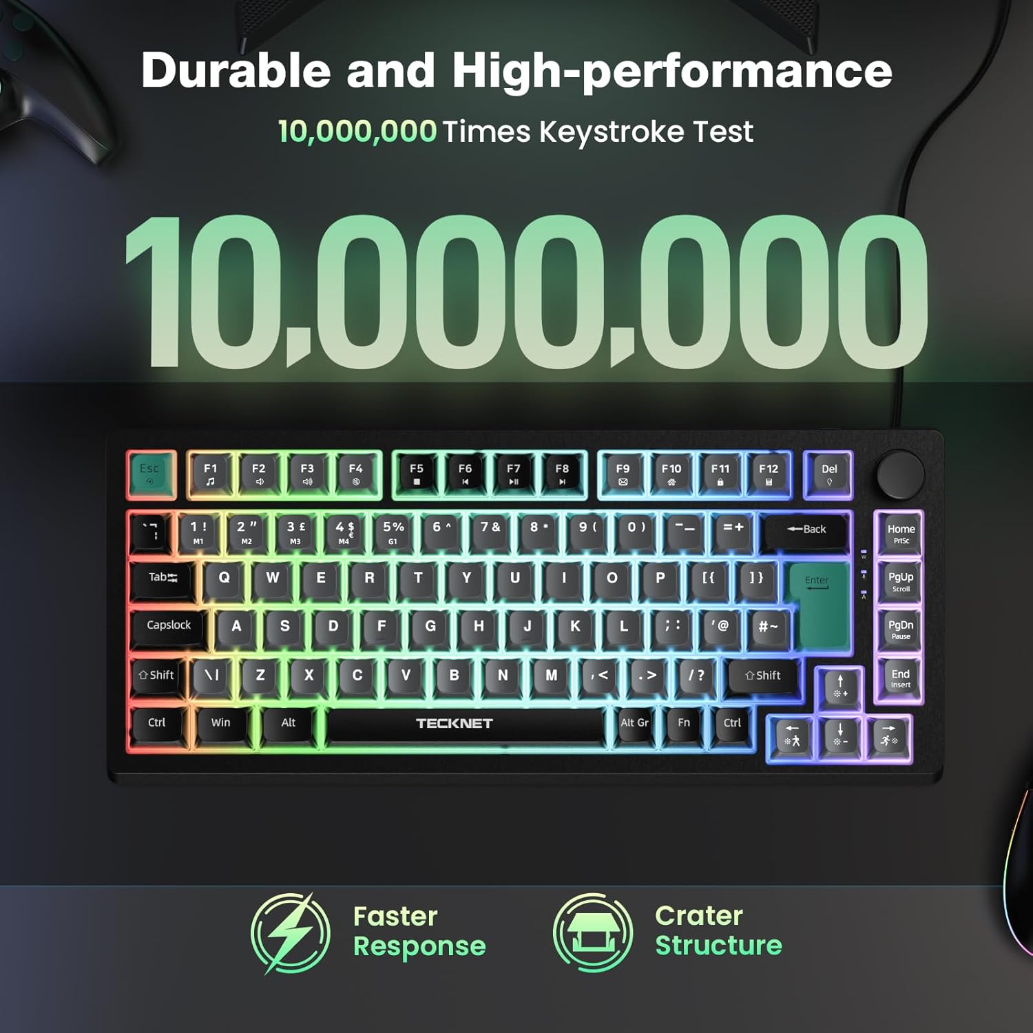 TECKNET RGB Gaming Keyboard,Compact 83 Keys Wired Keyboard with Volumn Knob,75% Pecent Silent Keyboards with 26 Keys Anti-Ghosting,IP32 Water & Dust Resistant,RGB Backlit Coumputer Keyboards for Gamer