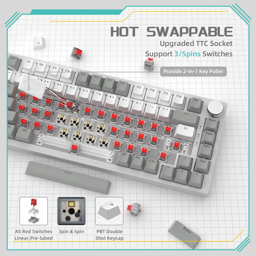 YINDIAO Ajazz AK820 Mechanical Keyboard with CNC Knob Control,75% ANSI Layout,81Keys Gasket Mount Wired Gaming Keyboard,5 Sound Absorbing Foam,Hot-swappable,White Backlit,for PC,MAC (Grey&White)