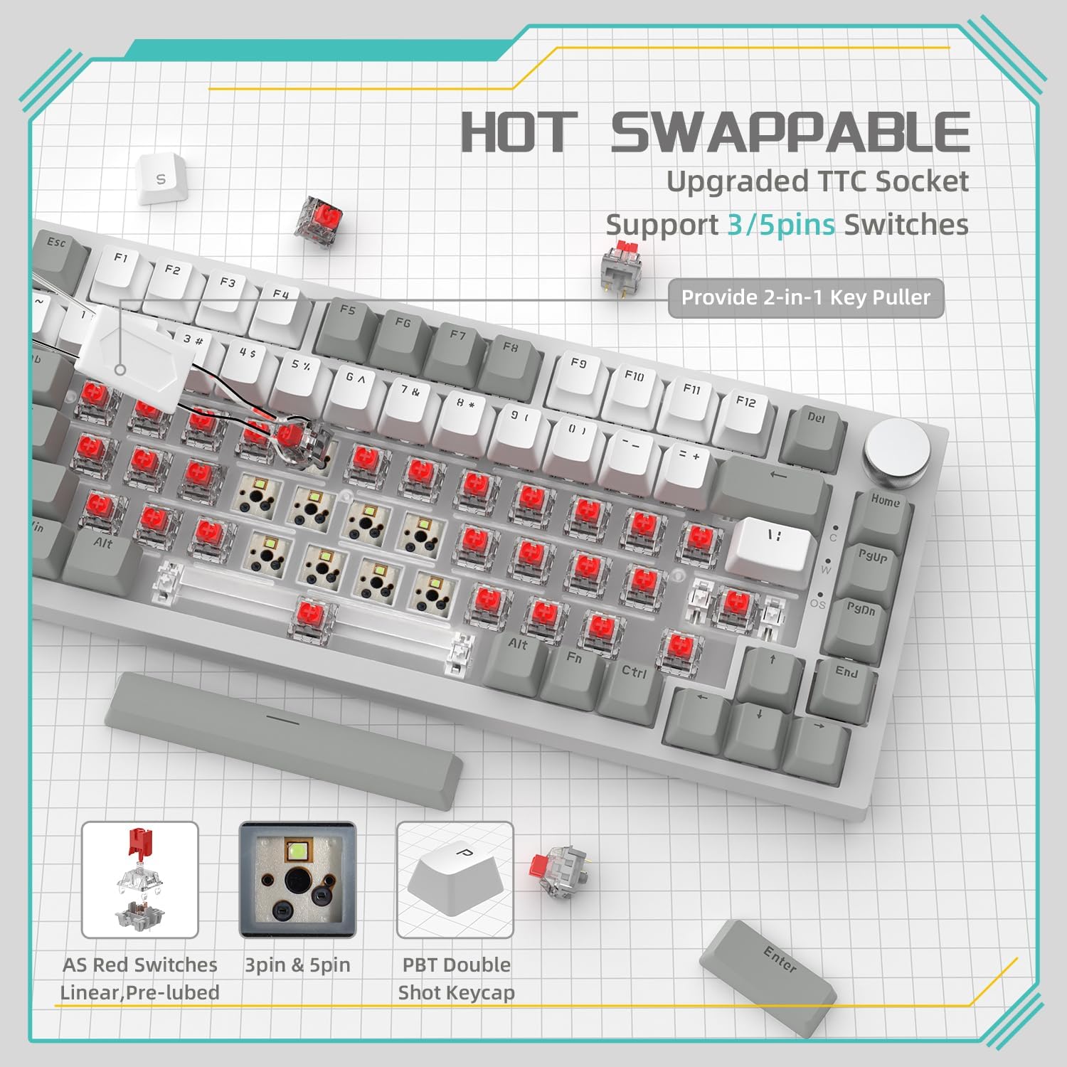 YINDIAO Ajazz AK820 Mechanical Keyboard with CNC Knob Control,75% ANSI Layout,81Keys Gasket Mount Wired Gaming Keyboard,5 Sound Absorbing Foam,Hot-swappable,White Backlit,for PC,MAC (Grey&White)