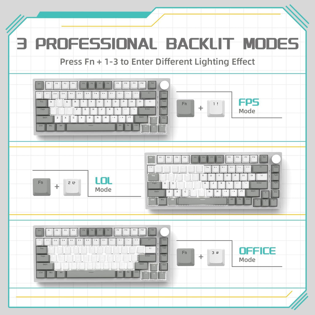YINDIAO Ajazz AK820 Mechanical Keyboard with CNC Knob Control,75% ANSI Layout,81Keys Gasket Mount Wired Gaming Keyboard,5 Sound Absorbing Foam,Hot-swappable,White Backlit,for PC,MAC (Grey&White)