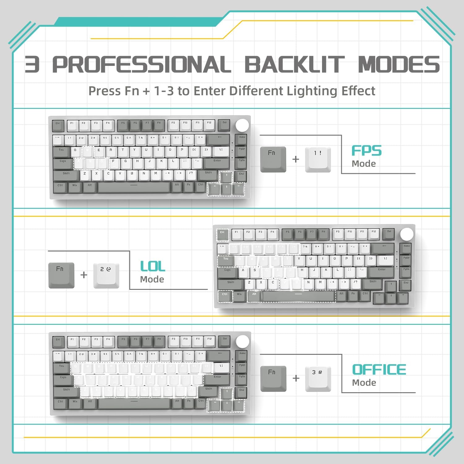 YINDIAO Ajazz AK820 Mechanical Keyboard with CNC Knob Control,75% ANSI Layout,81Keys Gasket Mount Wired Gaming Keyboard,5 Sound Absorbing Foam,Hot-swappable,White Backlit,for PC,MAC (Grey&White)