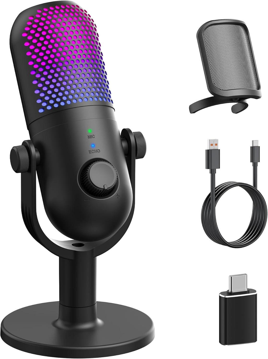 USB Microphone for PC Gaming: Condenser Microphone RGB with Stand Mic - Recording Mic for Computer & Laptop with Quick Mute - Desk Podcast Mic for Podcast & Singing & Streaming & Youtube Black