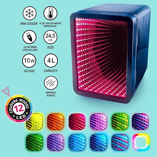 Chill Infinity LED Effect Mini Fridge USB Powered Portable Cooler with Lights, Gamers, Students, Home/Car Trips, Stickers.
