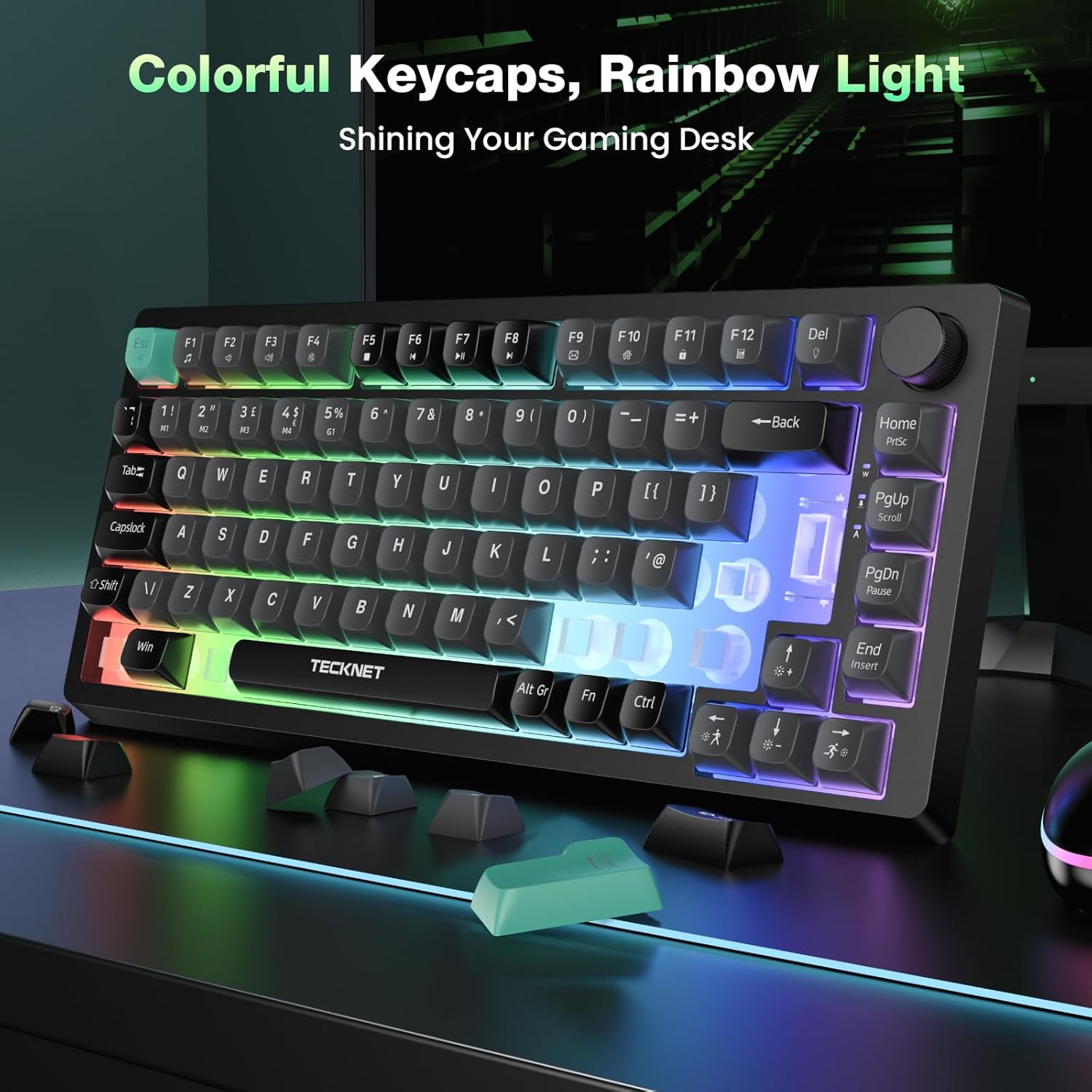 TECKNET RGB Gaming Keyboard,Compact 83 Keys Wired Keyboard with Volumn Knob,75% Pecent Silent Keyboards with 26 Keys Anti-Ghosting,IP32 Water & Dust Resistant,RGB Backlit Coumputer Keyboards for Gamer