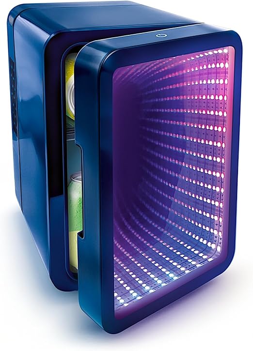 Chill Infinity LED Effect Mini Fridge USB Powered Portable Cooler with Lights, Gamers, Students, Home/Car Trips, Stickers.