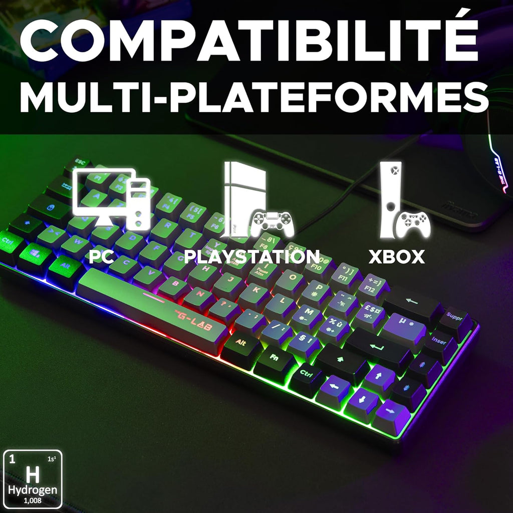 The G-Lab Keyz Hydrogen, 60%, Semi-Mechanical USB AZERTY FR, RGB Multicolour, Silent Gamer Keyboard, Compact Format TKL-Pc/PS4/PS5-Grey and Black