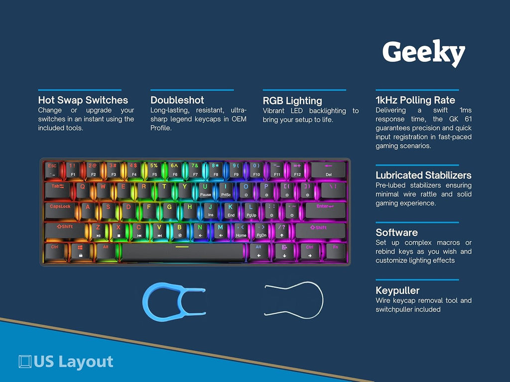 Geeky GK61 60% | Hot Swappable Mechanical Gaming Keyboard | 61 Keys Multi Colour RGB LED Backlight for PC/Mac Gamer| ANSI US American Layout (Black, Mechanical Speed Yellow)