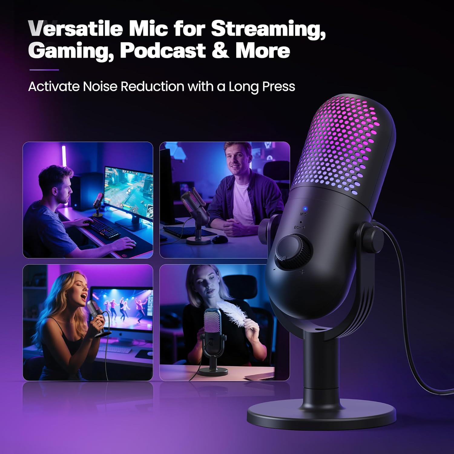 USB Microphone for PC Gaming: Condenser Microphone RGB with Stand Mic - Recording Mic for Computer & Laptop with Quick Mute - Desk Podcast Mic for Podcast & Singing & Streaming & Youtube Black