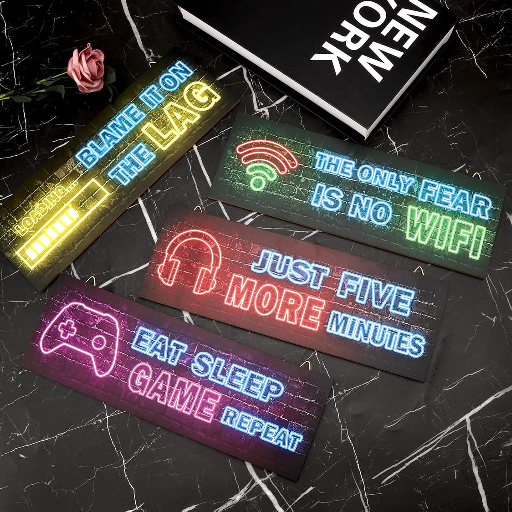 Pack of 4 Wooden Sign with Saying Gaming Room Decoration Gaming Poster Gaming Decoration Wall Gamer Room Wall Sticker Gaming Pictures Teenager's Room Decoration Playstation Gaming Wall Gamer