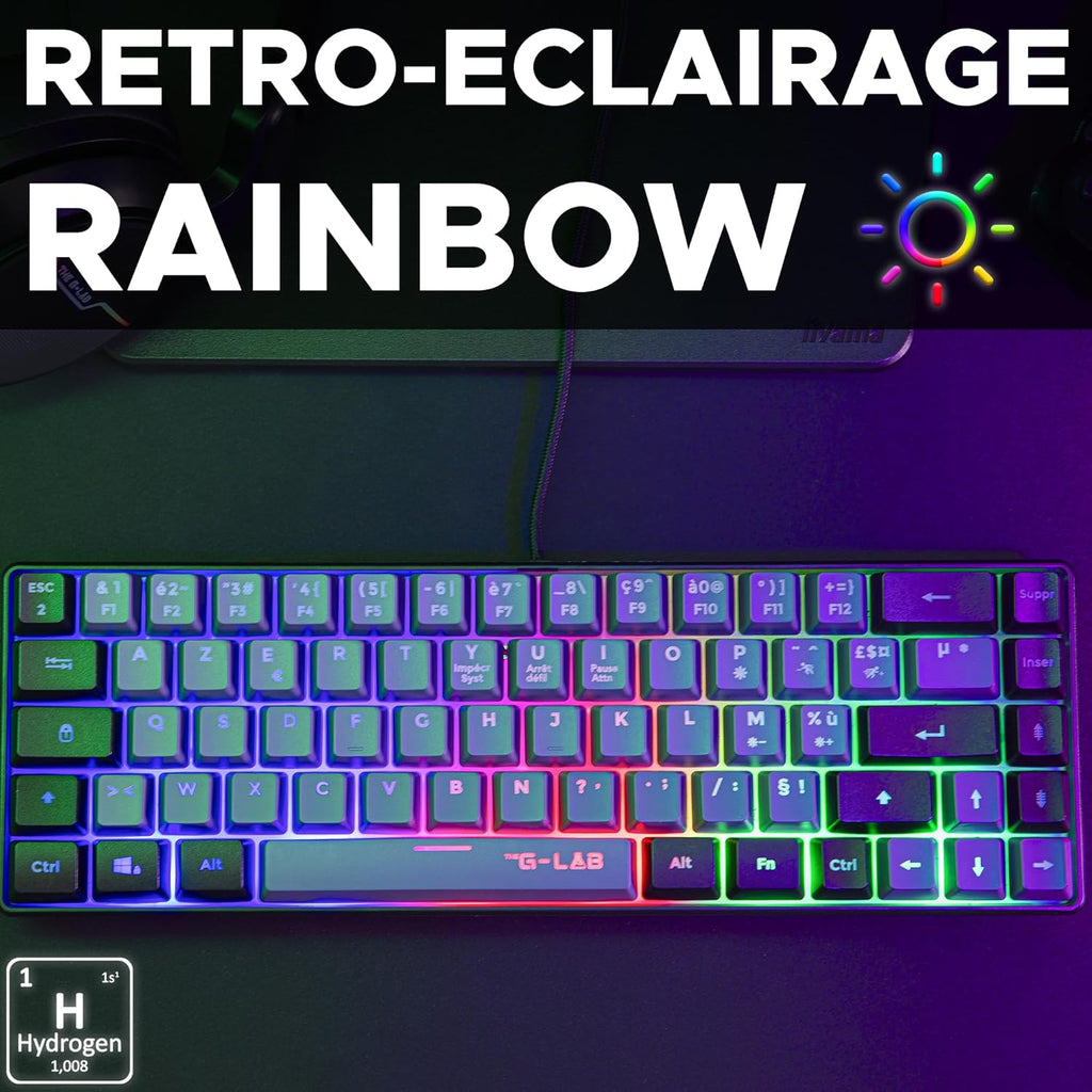The G-Lab Keyz Hydrogen, 60%, Semi-Mechanical USB AZERTY FR, RGB Multicolour, Silent Gamer Keyboard, Compact Format TKL-Pc/PS4/PS5-Grey and Black