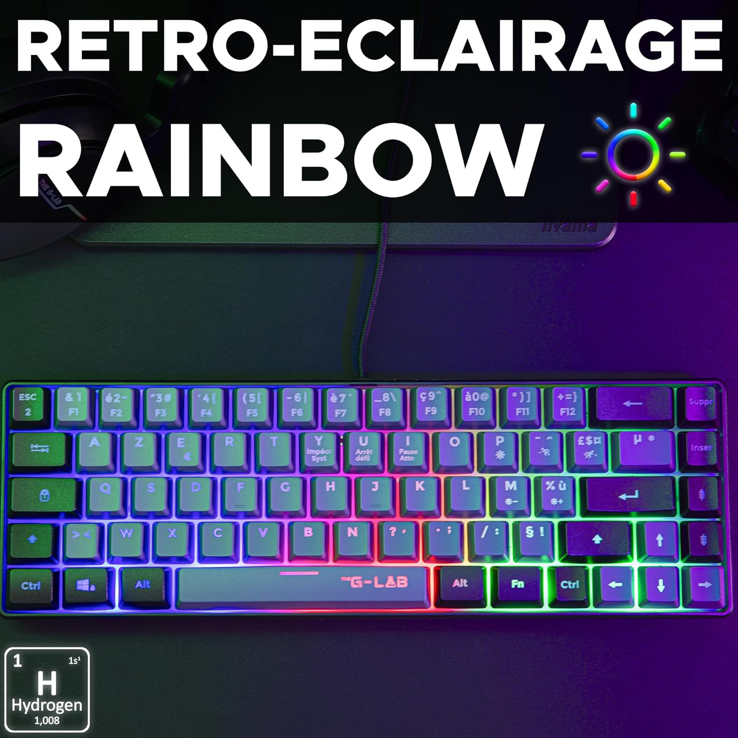 The G-Lab Keyz Hydrogen, 60%, Semi-Mechanical USB AZERTY FR, RGB Multicolour, Silent Gamer Keyboard, Compact Format TKL-Pc/PS4/PS5-Grey and Black
