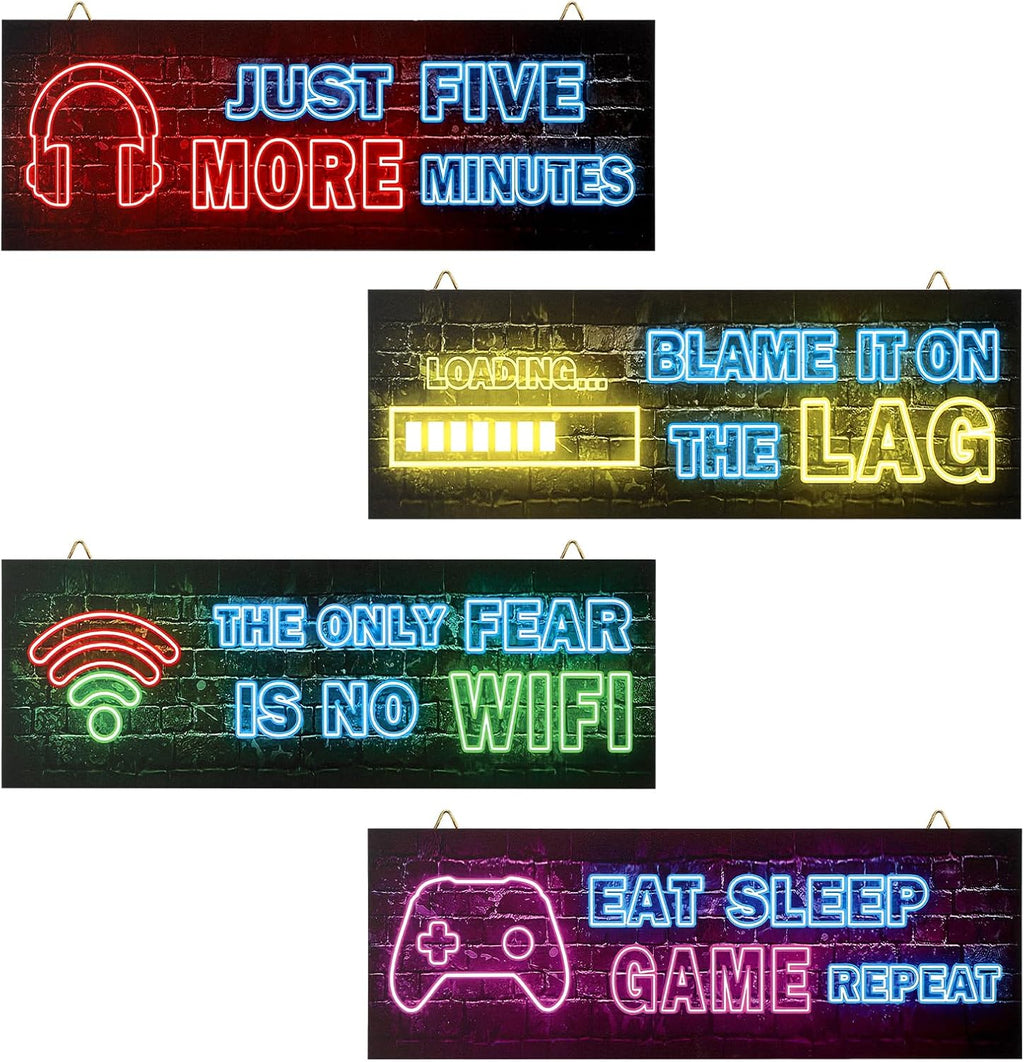 Pack of 4 Wooden Sign with Saying Gaming Room Decoration Gaming Poster Gaming Decoration Wall Gamer Room Wall Sticker Gaming Pictures Teenager's Room Decoration Playstation Gaming Wall Gamer