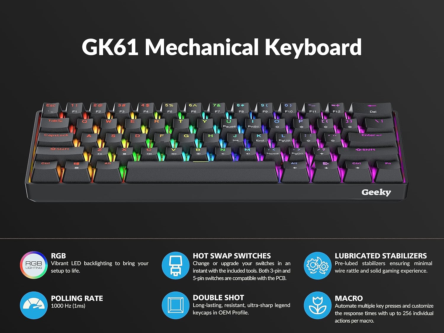 Geeky GK61 60% | Hot Swappable Mechanical Gaming Keyboard | 61 Keys Multi Colour RGB LED Backlight for PC/Mac Gamer| ANSI US American Layout (Black, Mechanical Speed Yellow)