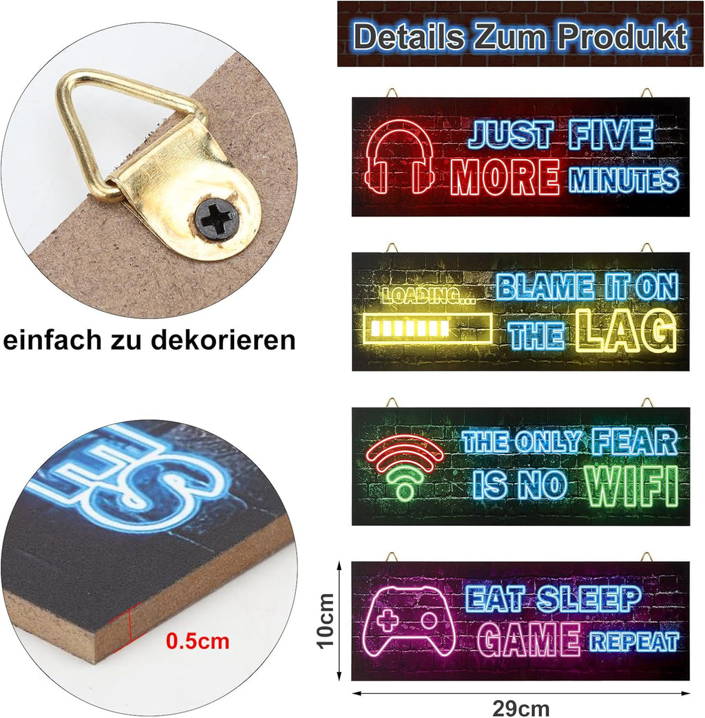 Pack of 4 Wooden Sign with Saying Gaming Room Decoration Gaming Poster Gaming Decoration Wall Gamer Room Wall Sticker Gaming Pictures Teenager's Room Decoration Playstation Gaming Wall Gamer
