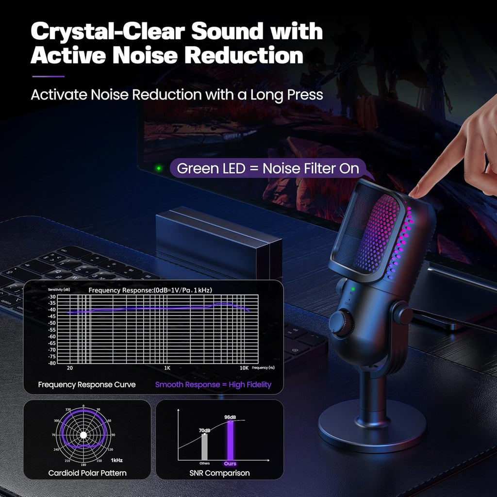 USB Microphone for PC Gaming: Condenser Microphone RGB with Stand Mic - Recording Mic for Computer & Laptop with Quick Mute - Desk Podcast Mic for Podcast & Singing & Streaming & Youtube Black