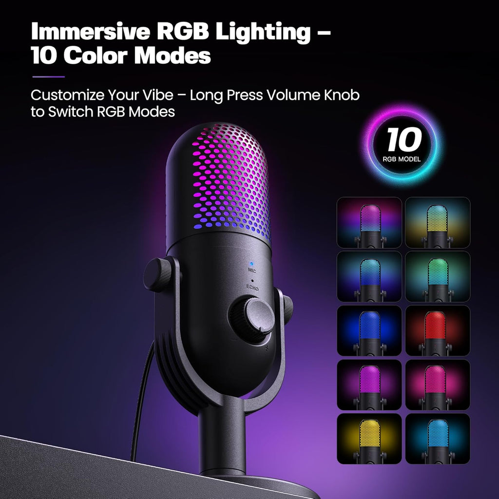 USB Microphone for PC Gaming: Condenser Microphone RGB with Stand Mic - Recording Mic for Computer & Laptop with Quick Mute - Desk Podcast Mic for Podcast & Singing & Streaming & Youtube Black