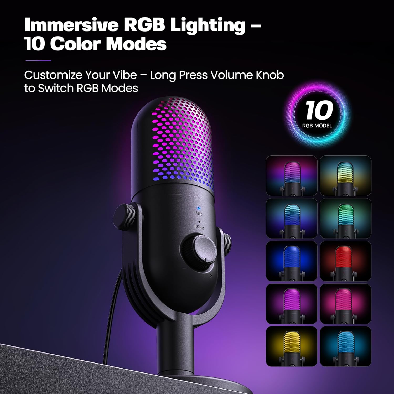 USB Microphone for PC Gaming: Condenser Microphone RGB with Stand Mic - Recording Mic for Computer & Laptop with Quick Mute - Desk Podcast Mic for Podcast & Singing & Streaming & Youtube Black