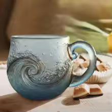 Clear Glass Coffee Mugs Wave Design Water Bottle 300ml Mugs for Coffee with Handle for Kids Beach House Office Women Men Adults